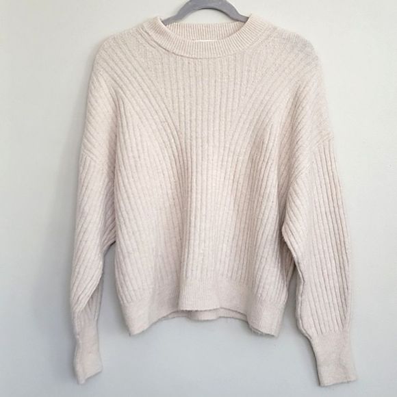 H&M Soft Cozy Sweater Beige Woman Large Wool Blend Dropped Shoulder Crop… - Picture 1 of 8